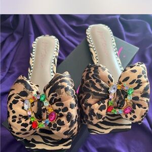 Betsey Johnson Leopard Print Mules with Jewel Bow